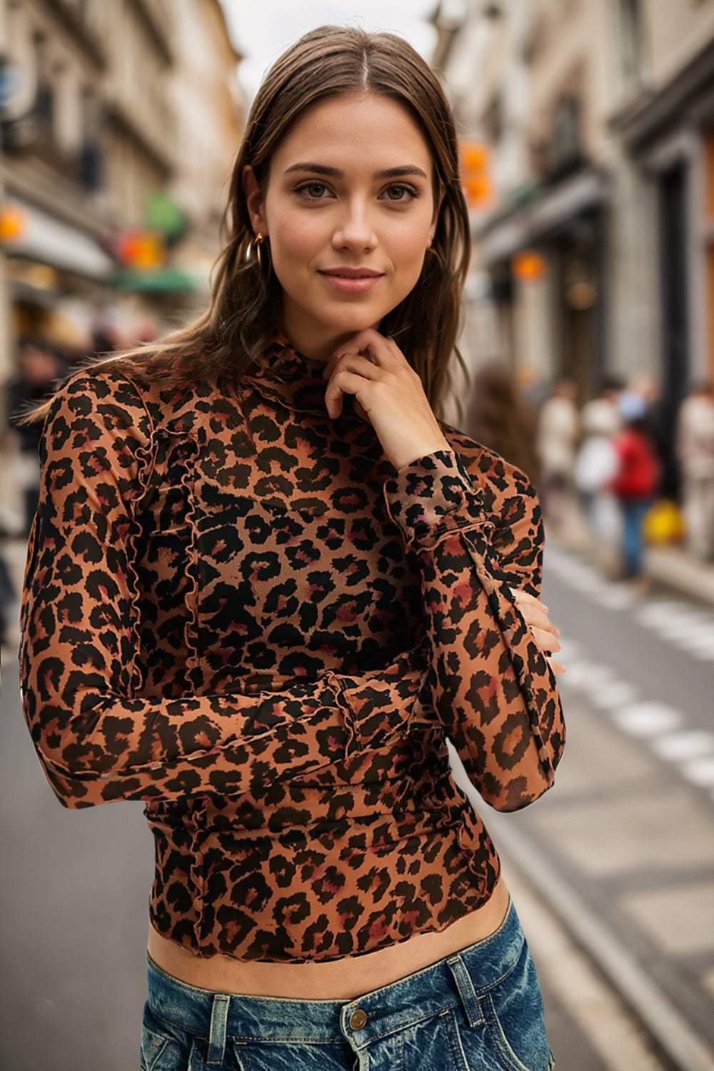 Oh Full Size Frill Printed Mock Neck Long Sleeve Top - Trendsi - Flyclothing LLC