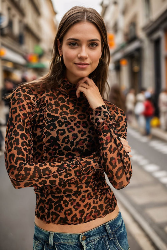 Oh Full Size Frill Printed Mock Neck Long Sleeve Top - Trendsi