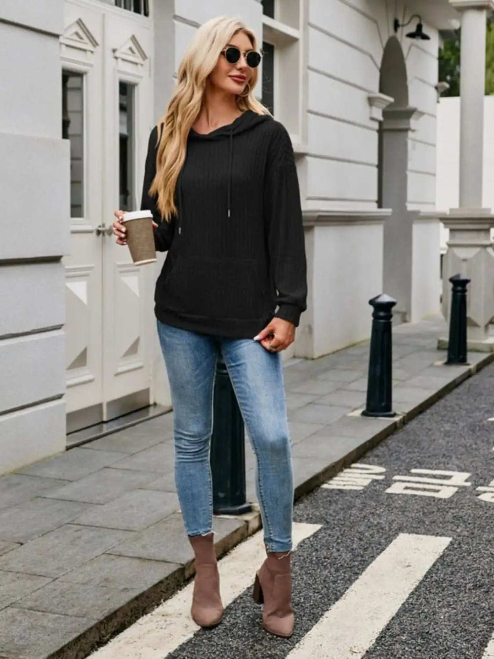 Ribbed Drawstring Long Sleeve Hoodie - Trendsi - Flyclothing LLC