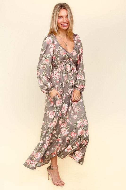 Haptics Twisted Detail Ruffled Hem Floral Dress with Side Pockets - Trendsi - Flyclothing LLC