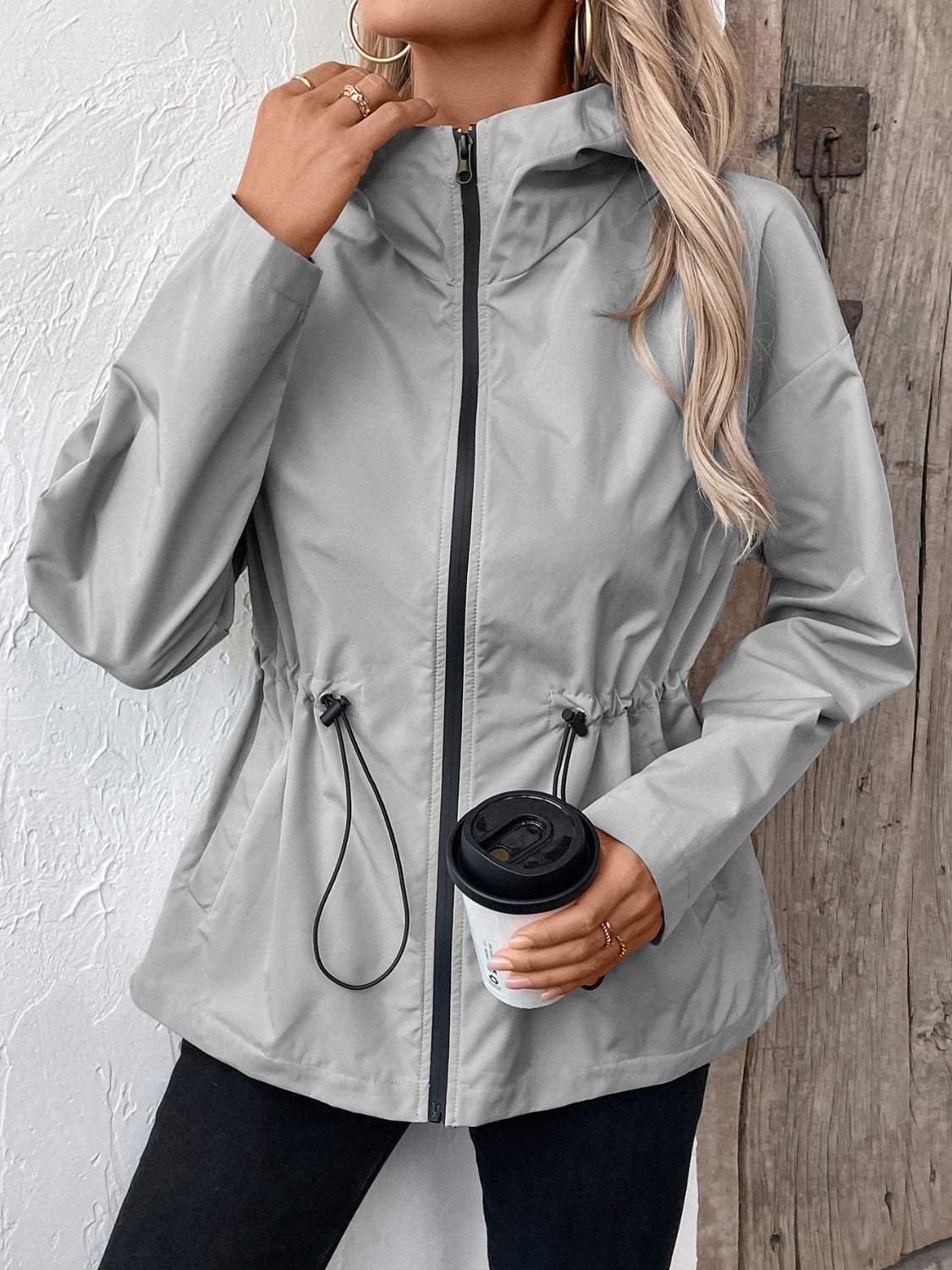 Drawstring Zip Up Hooded Jacket - Trendsi - Flyclothing LLC