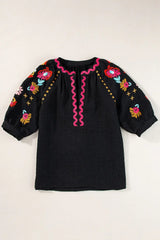 Floral Embroidered Notched Puff Sleeve Blouse - Trendsi - Flyclothing LLC
