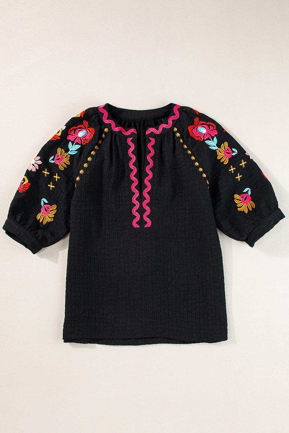 Floral Embroidered Notched Puff Sleeve Blouse - Trendsi - Flyclothing LLC