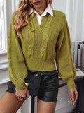 Cable-Knit Collared Neck Faux Layered Sweater - Trendsi