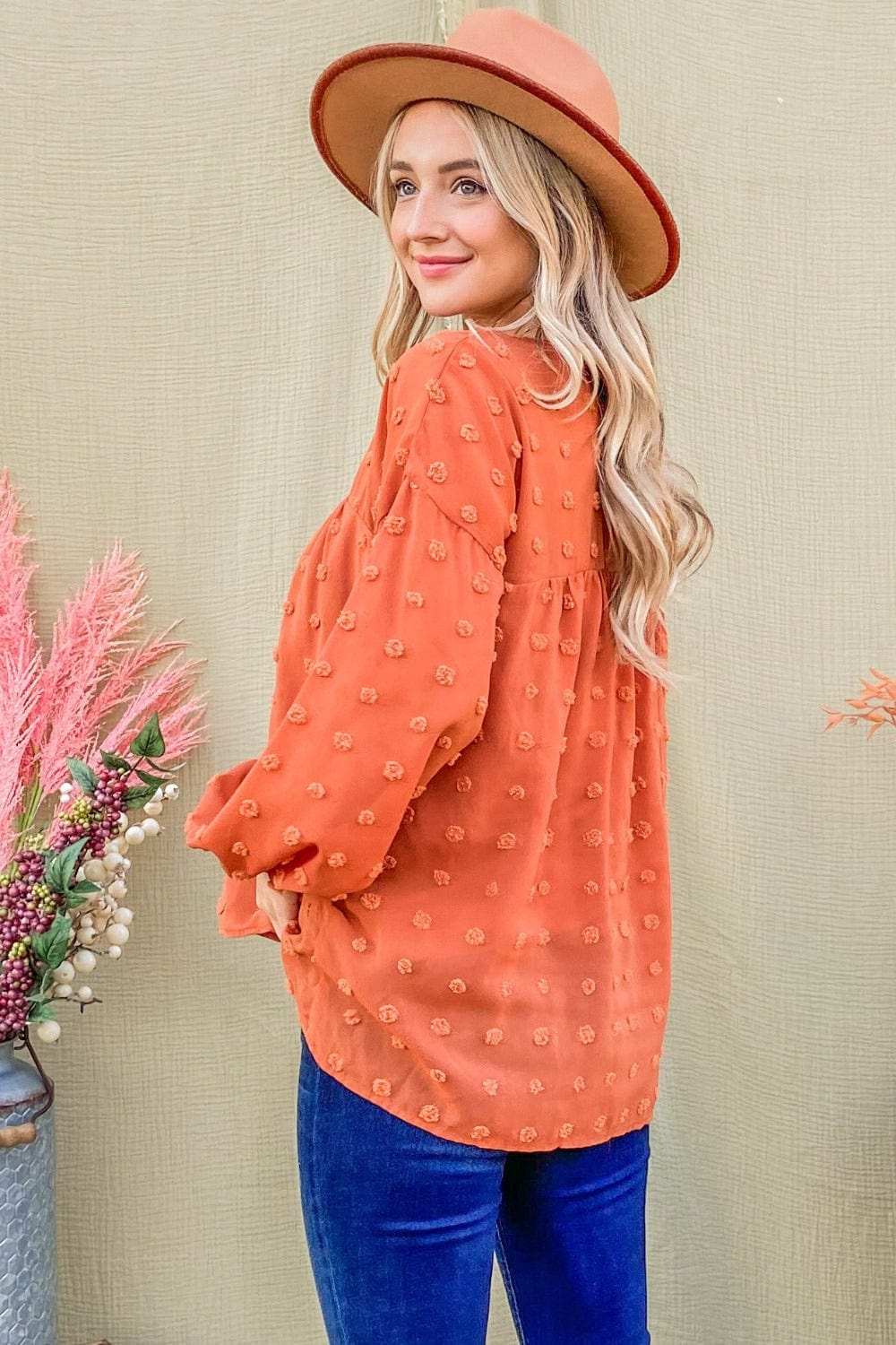 And The Why Swiss Dot V Neck Balloon Sleeve Woven Blouse - Trendsi - Flyclothing LLC