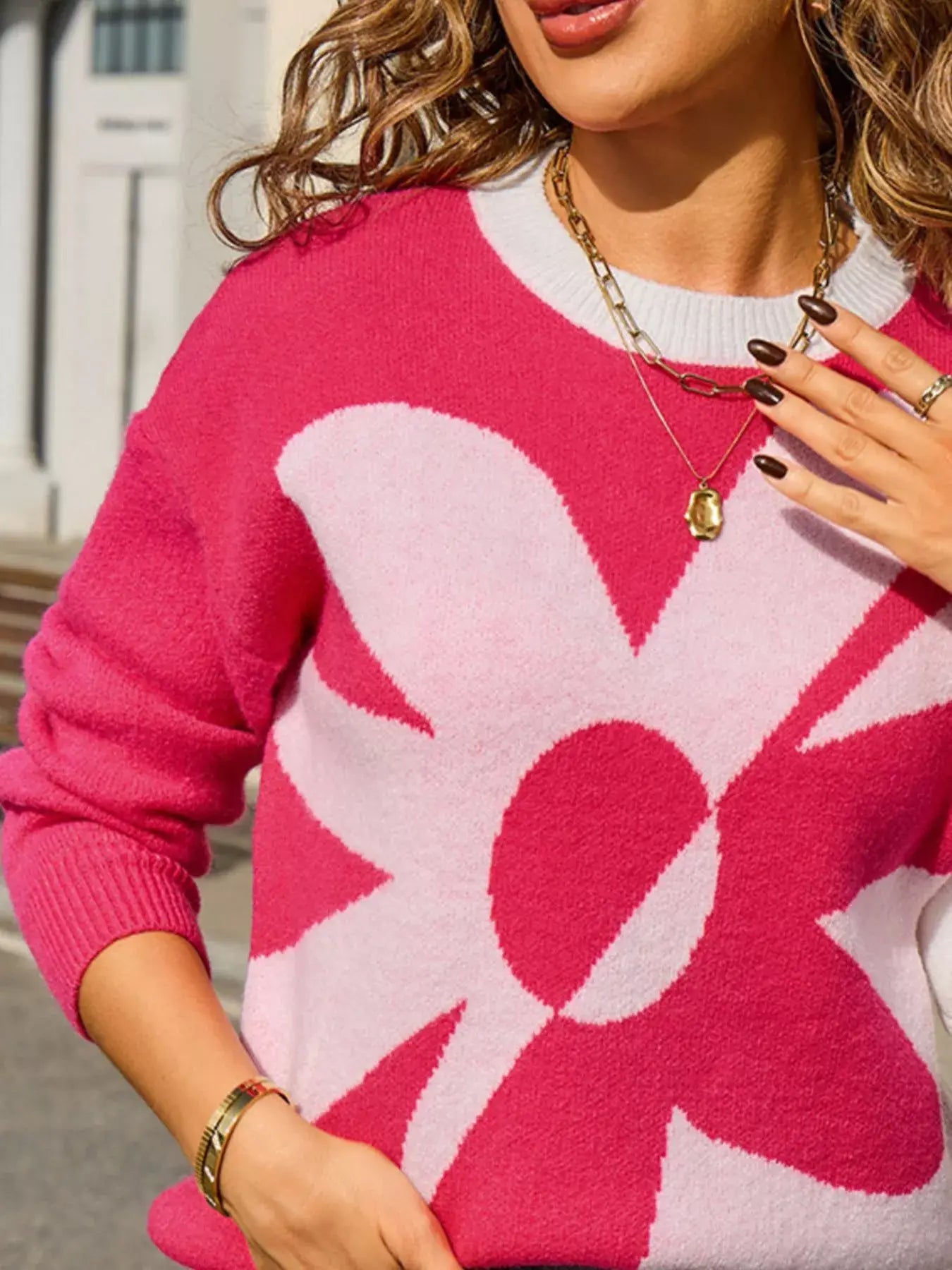 Floral Pattern Color Block Sweater - Trendsi - Flyclothing LLC