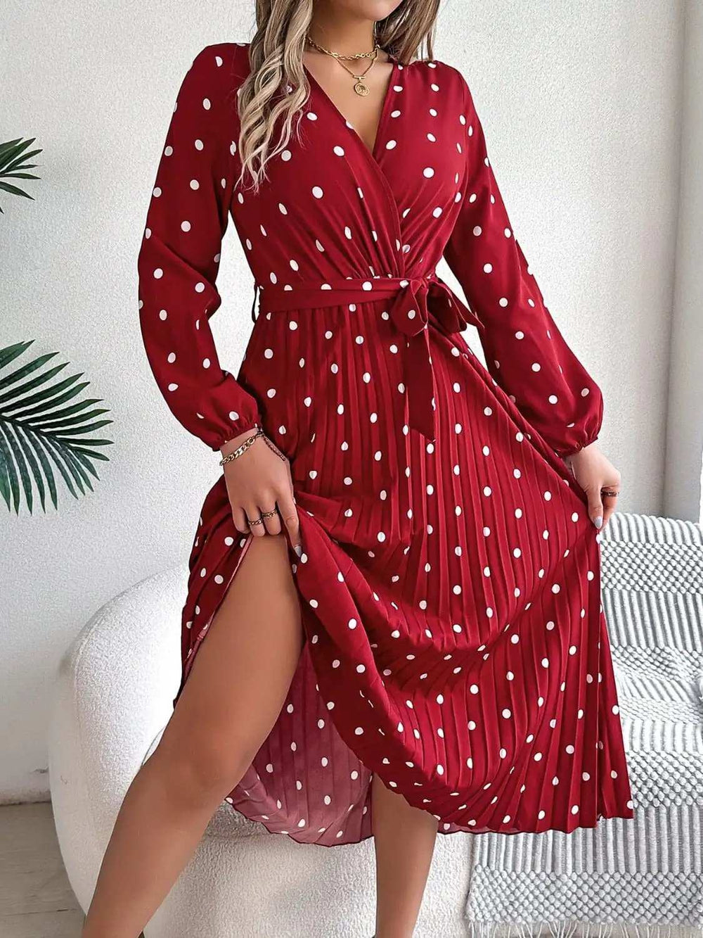 Tied Polka Dot Long Sleeve Midi Dress - Trendsi - Flyclothing LLC