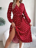 Tied Polka Dot Long Sleeve Midi Dress - Trendsi - Flyclothing LLC