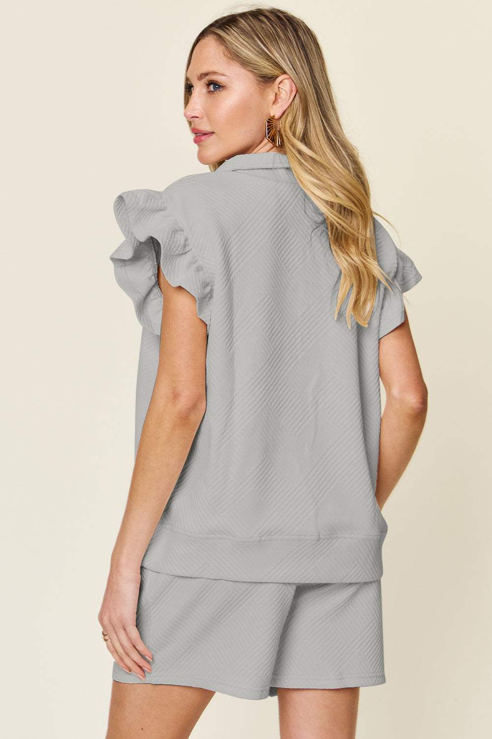 Double Take Full Size Texture Flounce Sleeve Top and Drawstring Shorts Set - Trendsi - Flyclothing LLC