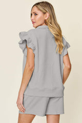Double Take Full Size Texture Flounce Sleeve Top and Drawstring Shorts Set - Trendsi - Flyclothing LLC