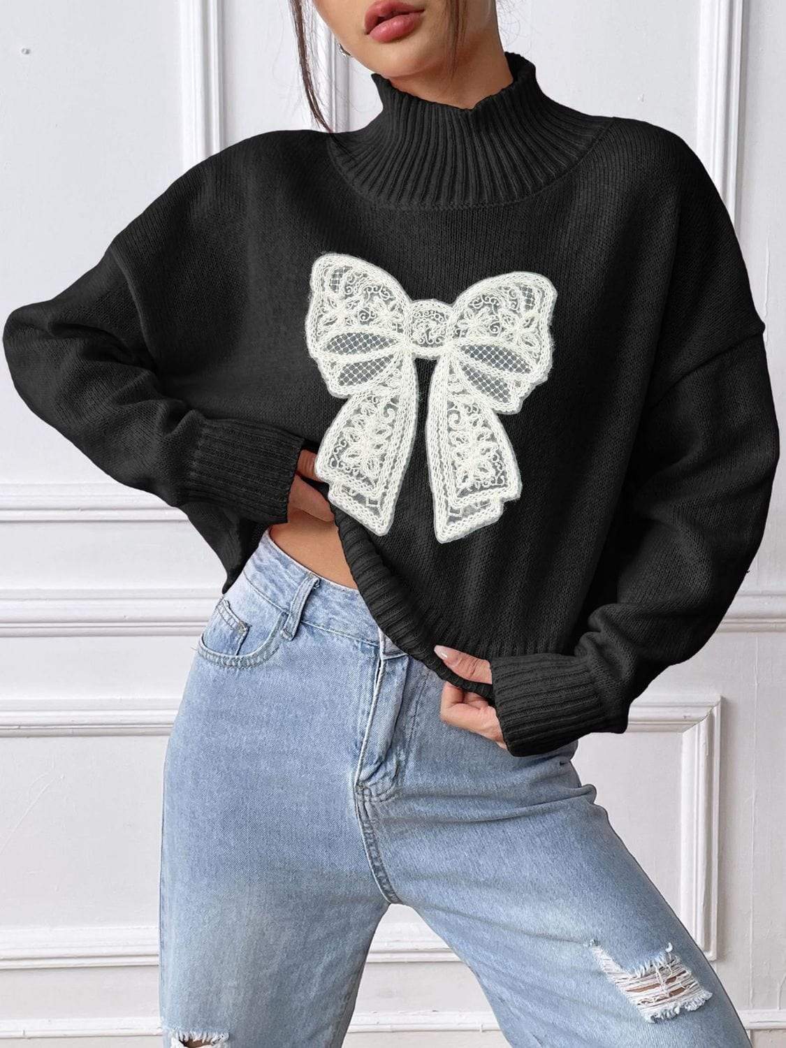 Bow Turtleneck Long Sleeve Sweater - Trendsi - Flyclothing LLC
