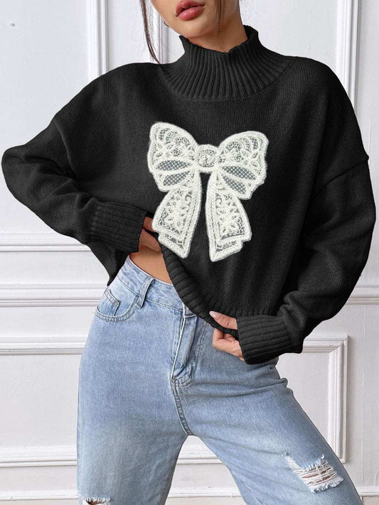 Bow Turtleneck Long Sleeve Sweater - Trendsi - Flyclothing LLC