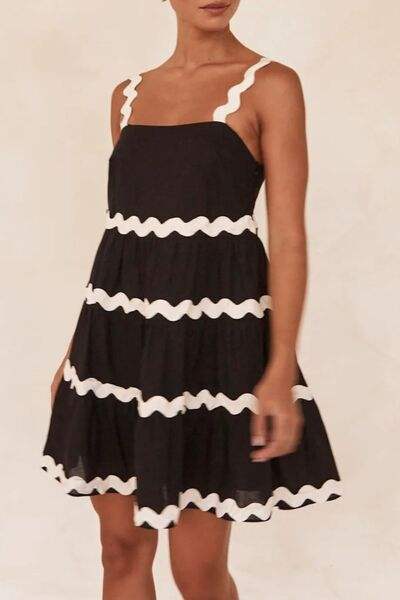 Contrast Trim Square Neck Tiered Dress - Trendsi - Flyclothing LLC