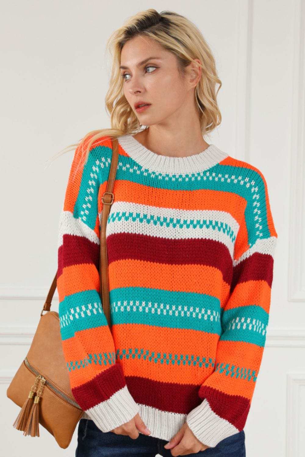 Contrast Striped Round Neck Long Sleeve Sweater - Trendsi - Flyclothing LLC