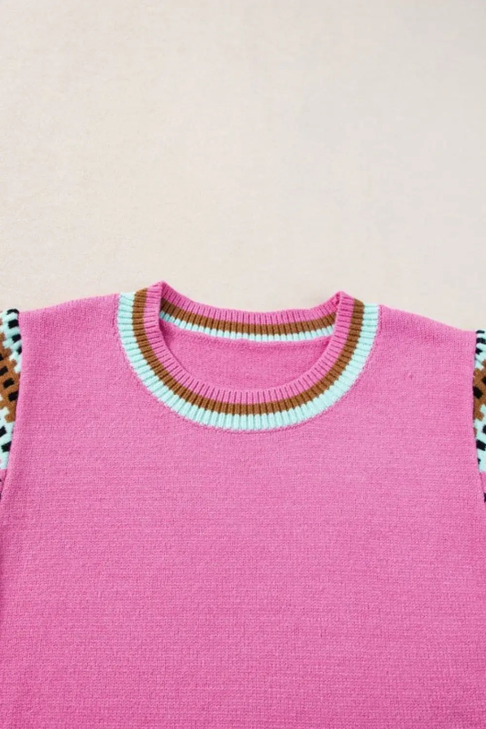 Contrast Short Sleeves Round Neck Sweater - Trendsi - Flyclothing LLC
