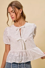 SO ME Cotton Eyelet Front Tie Short Sleeves Blouse - Trendsi - Flyclothing LLC
