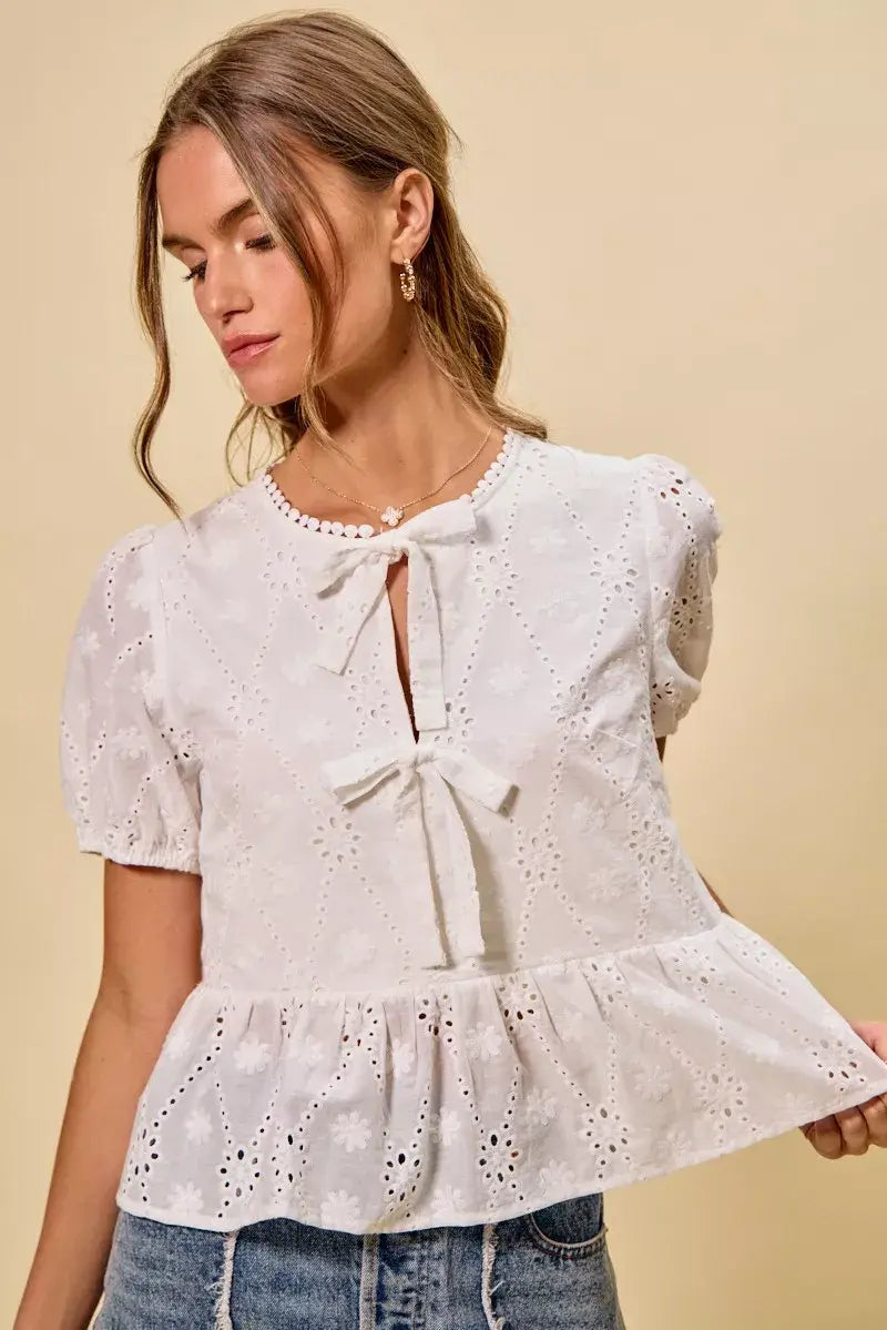 SO ME Cotton Eyelet Front Tie Short Sleeves Blouse - Trendsi - Flyclothing LLC