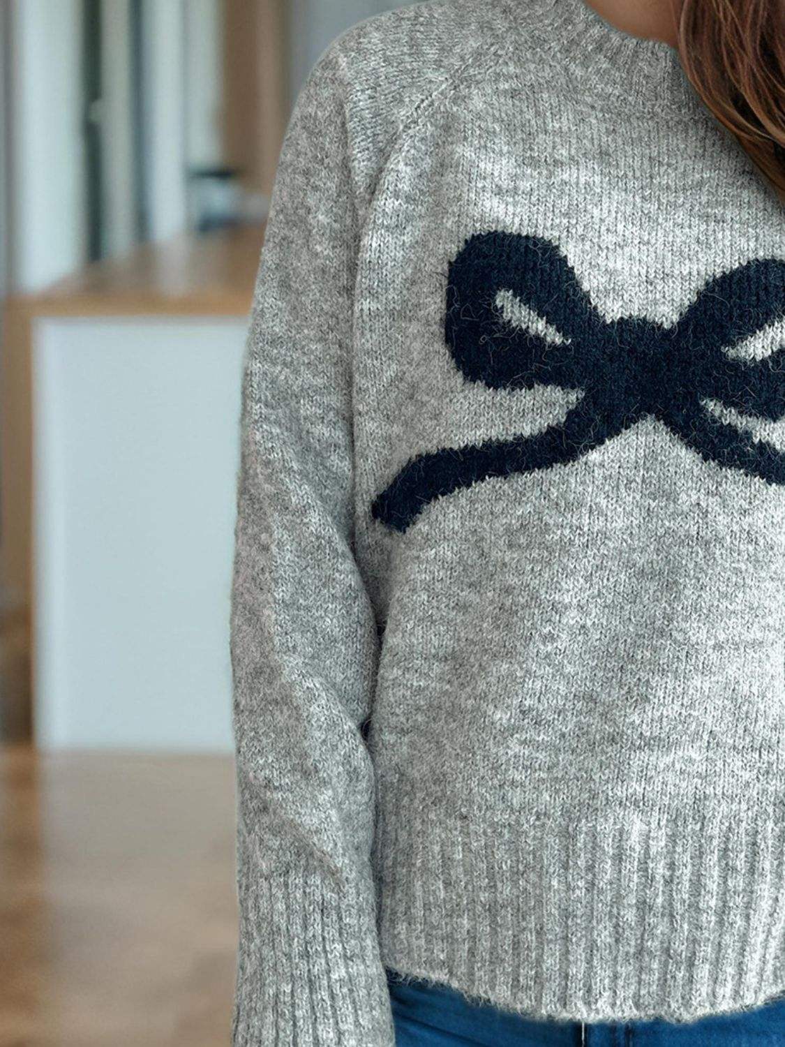 Bow Round Neck Long Sleeve Sweater - Trendsi - Flyclothing LLC