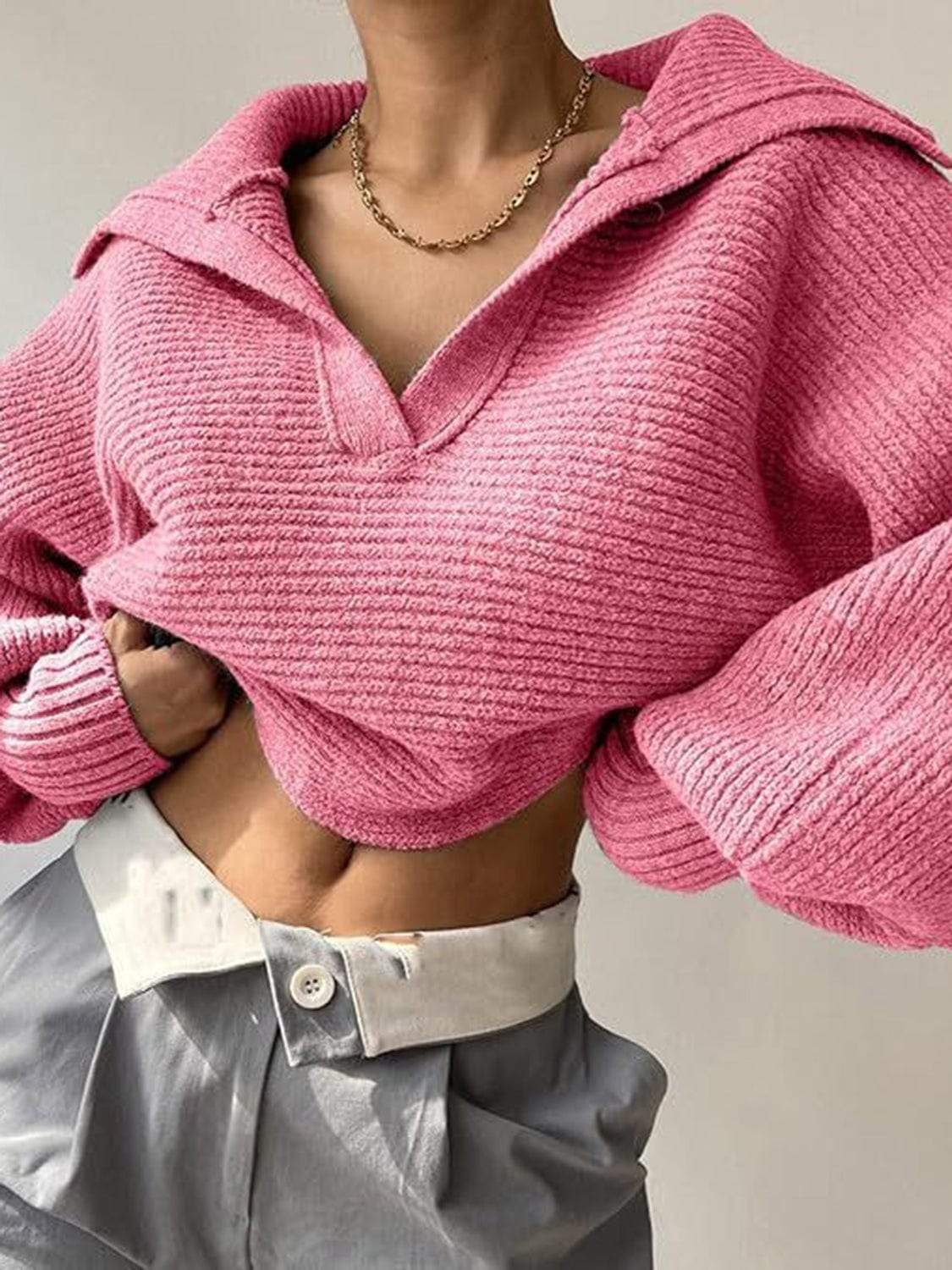 Johnny Collar Long Sleeve Sweater - Trendsi - Flyclothing LLC