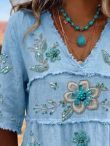Full Size Floral Raw Hem V-Neck Blouse Plus Size - Trendsi - Flyclothing LLC