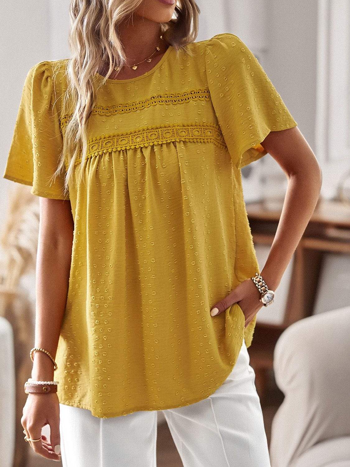 Lace Detail Round Neck Short Sleeve Blouse - Trendsi - Flyclothing LLC