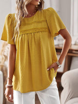 Lace Detail Round Neck Short Sleeve Blouse - Trendsi - Flyclothing LLC