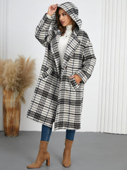 Plaid Double-Breasted Long Sleeve Longline Coat - Trendsi