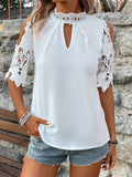 Lace Mock Neck Cold Shoulder Blouse - Trendsi