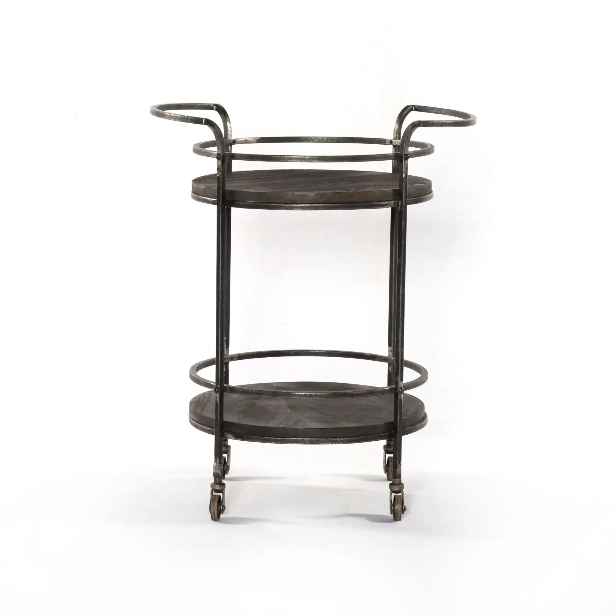 Dark Gray Iron And Solid Wood Round Rolling Bar Cart - Homeroots - Flyclothing LLC