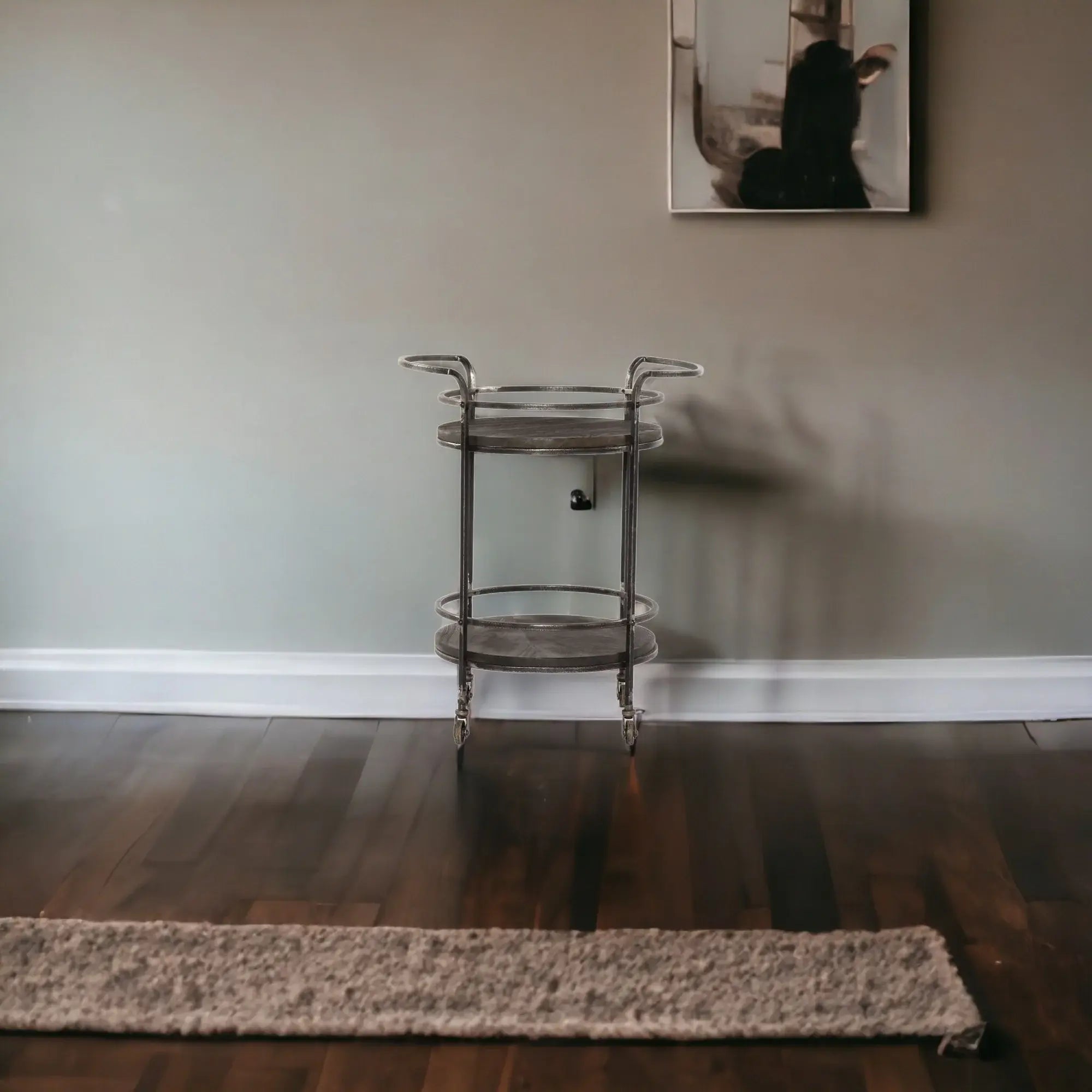 Dark Gray Iron And Solid Wood Round Rolling Bar Cart - Homeroots - Flyclothing LLC
