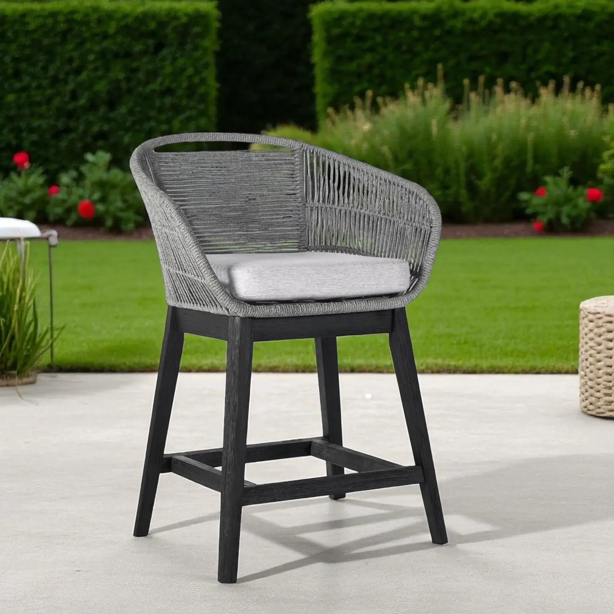 38" Light Gray Solid Wood Low back Outdoor Bar Height chair with Footrest - Homeroots - Flyclothing LLC