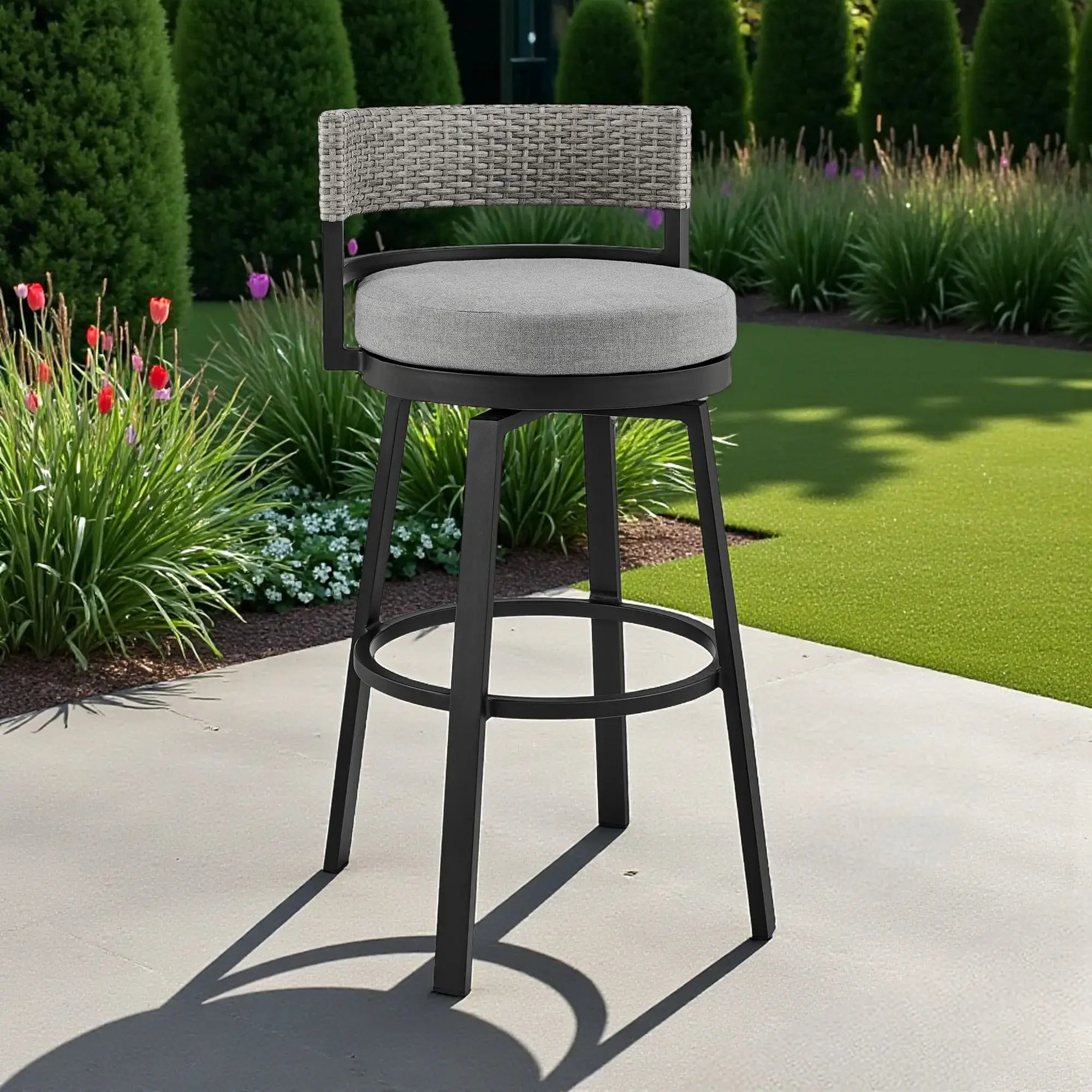 33" Light Gray Metal Swivel Low back Outdoor Bar Height chair with Footrest - Homeroots - Flyclothing LLC