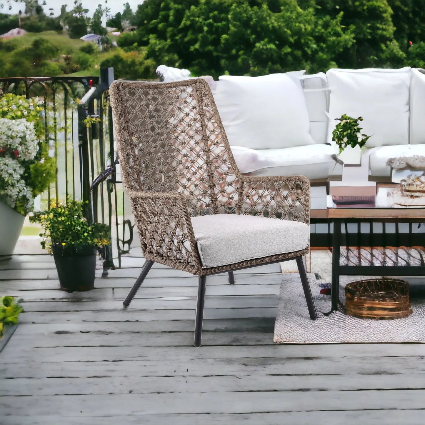 26" Gray Metal Outdoor Arm Chair with Gray Cushion - Homeroots - Flyclothing LLC