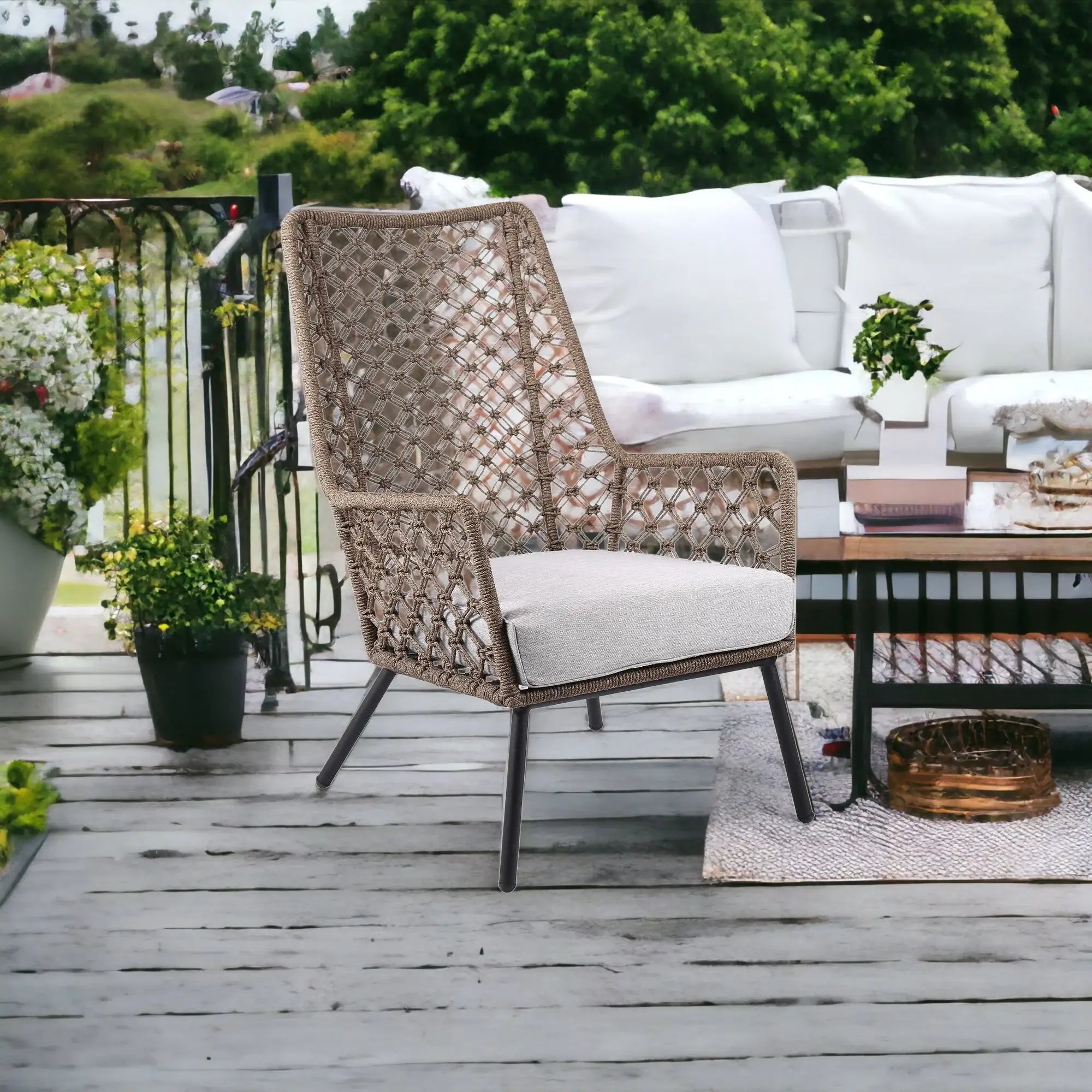 26" Gray Metal Outdoor Arm Chair with Gray Cushion - Homeroots - Flyclothing LLC