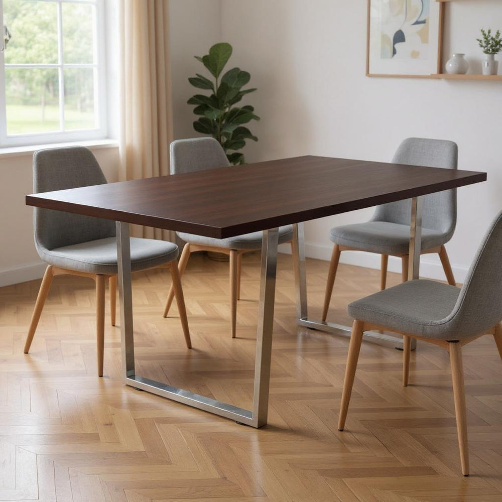 59" Espresso And Silver Solid Wood And Metal Sled Base Dining Table