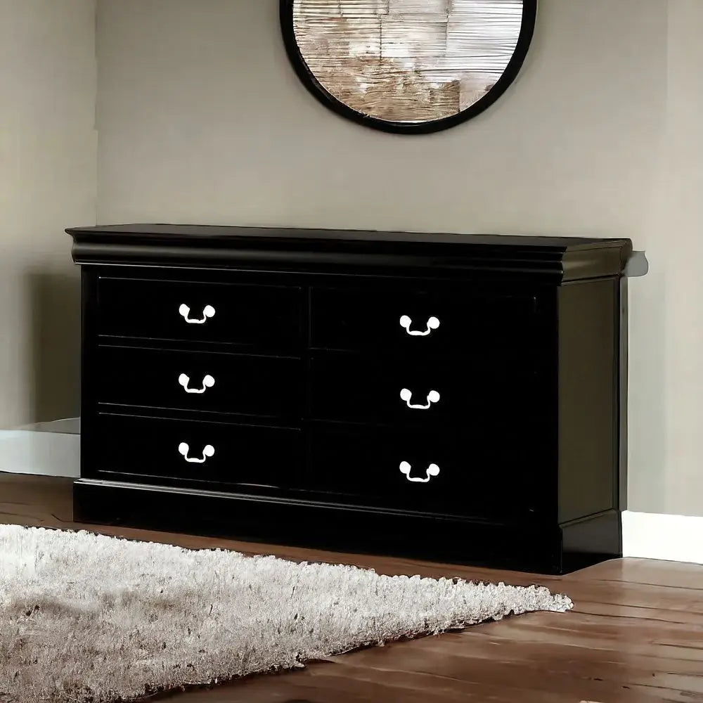 60" Black Solid and Manufactured Wood Six Drawer Double Dresser - Homeroots - Flyclothing LLC