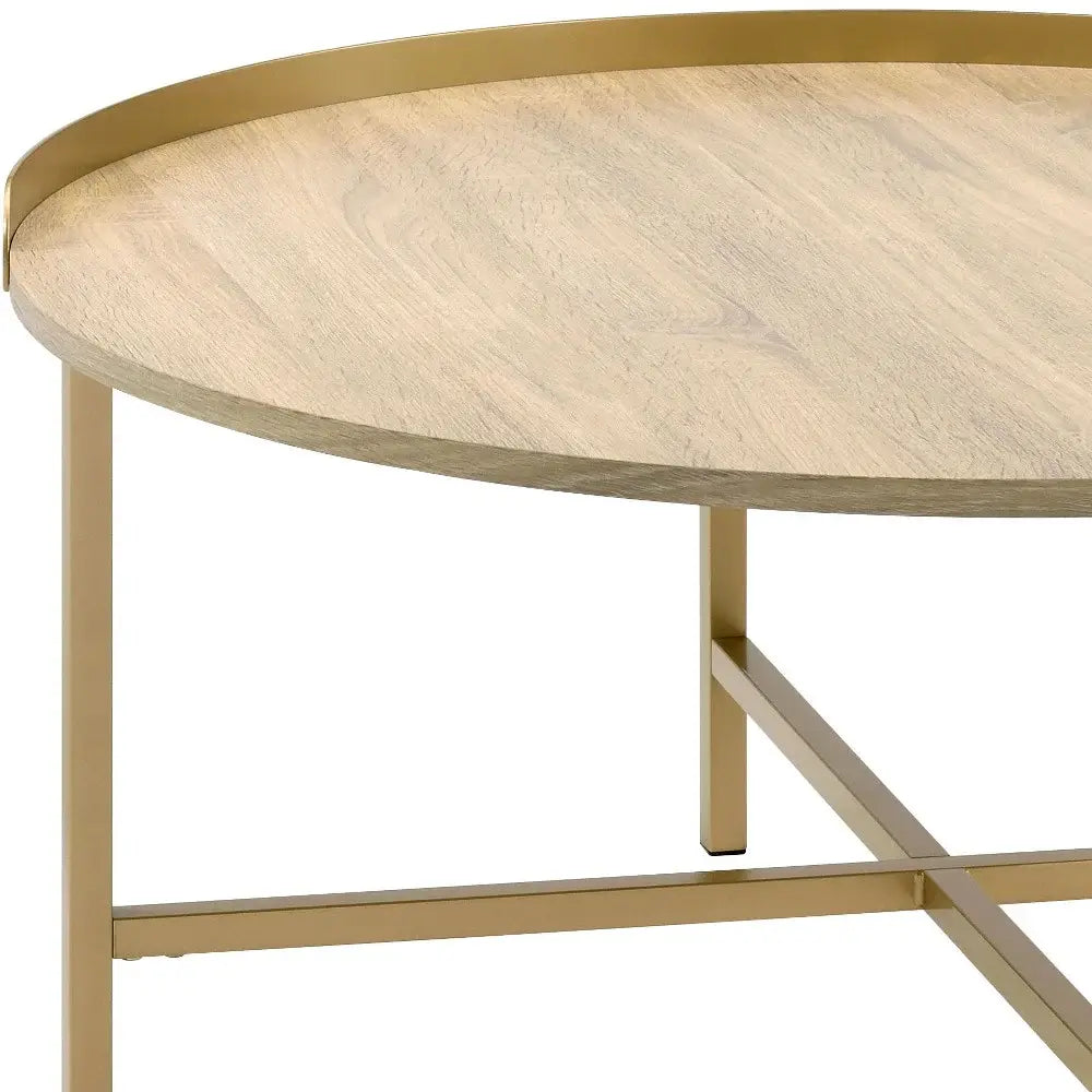 34" Gold And Oak Manufactured Wood And Metal Round Coffee Table - Homeroots - Flyclothing LLC