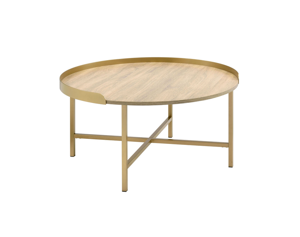 34" Oak and Gold Wood And Metal Round Sled Coffee Table