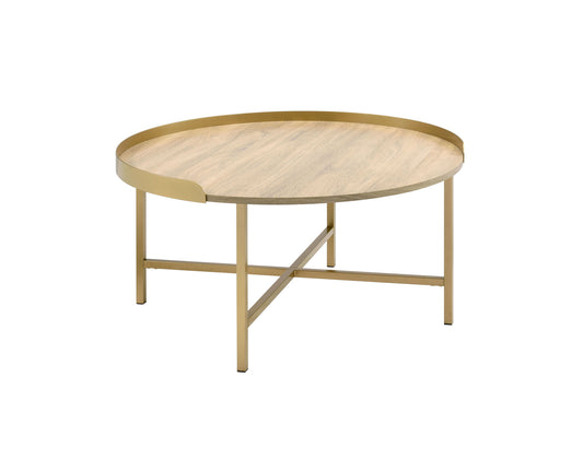 34" Oak and Gold Wood And Metal Round Sled Coffee Table