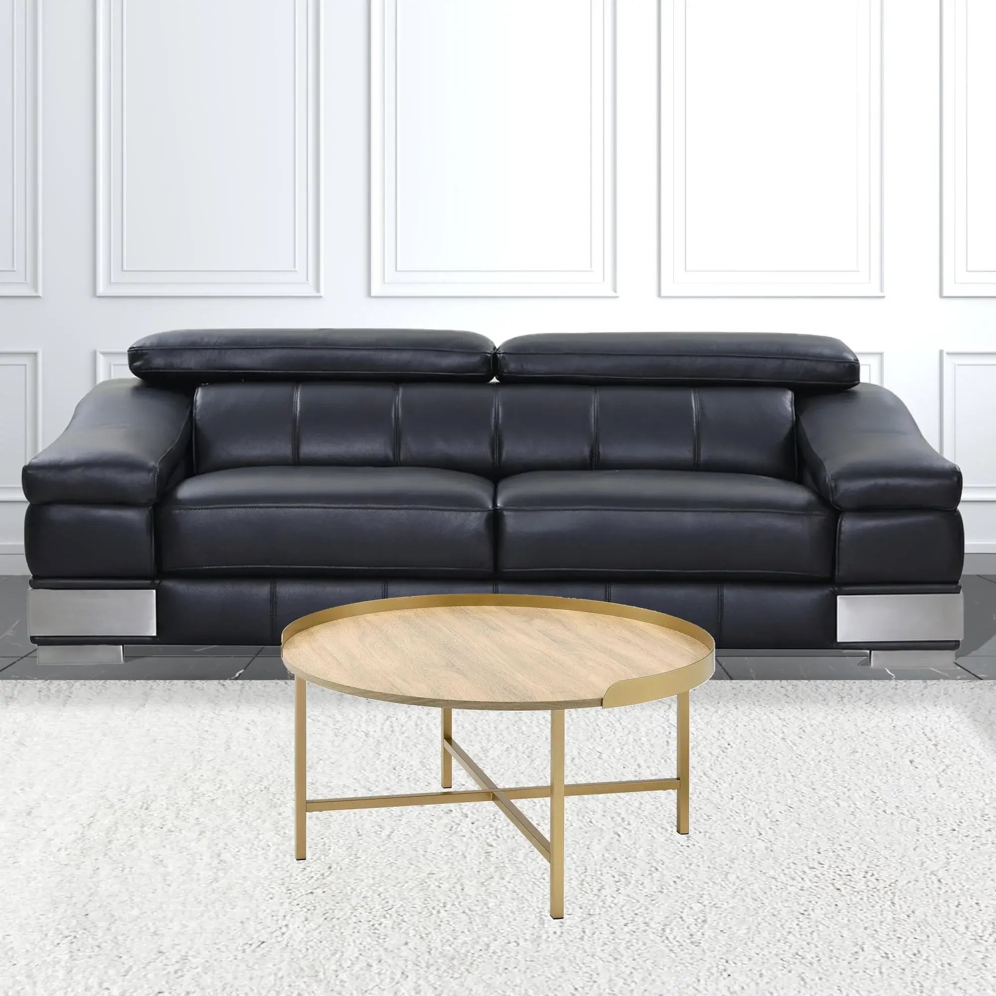34" Gold And Oak Manufactured Wood And Metal Round Coffee Table - Homeroots - Flyclothing LLC