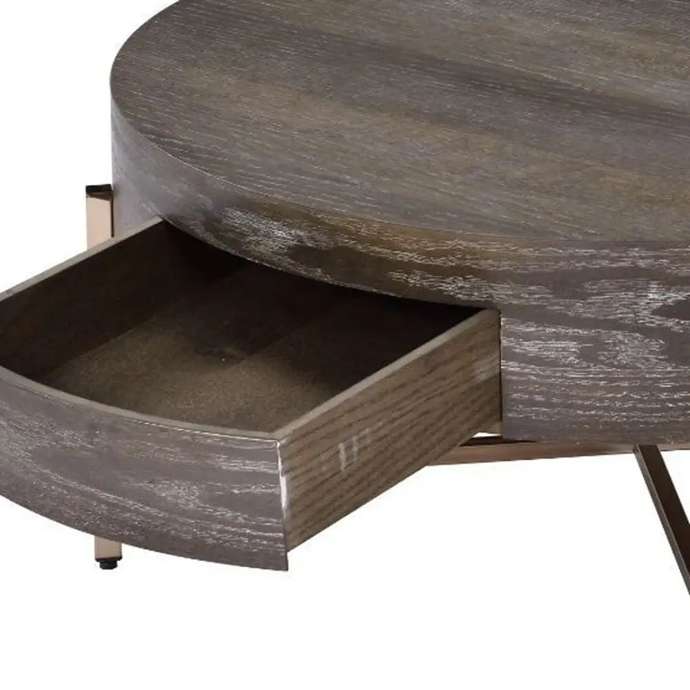 32" Champagne And Dark Oak Round Coffee Table With Drawer - Homeroots - Flyclothing LLC