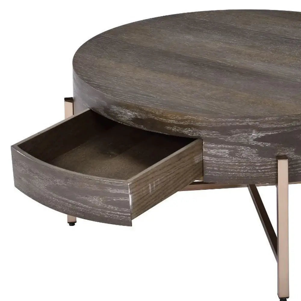 32" Champagne And Dark Oak Round Coffee Table With Drawer - Homeroots - Flyclothing LLC