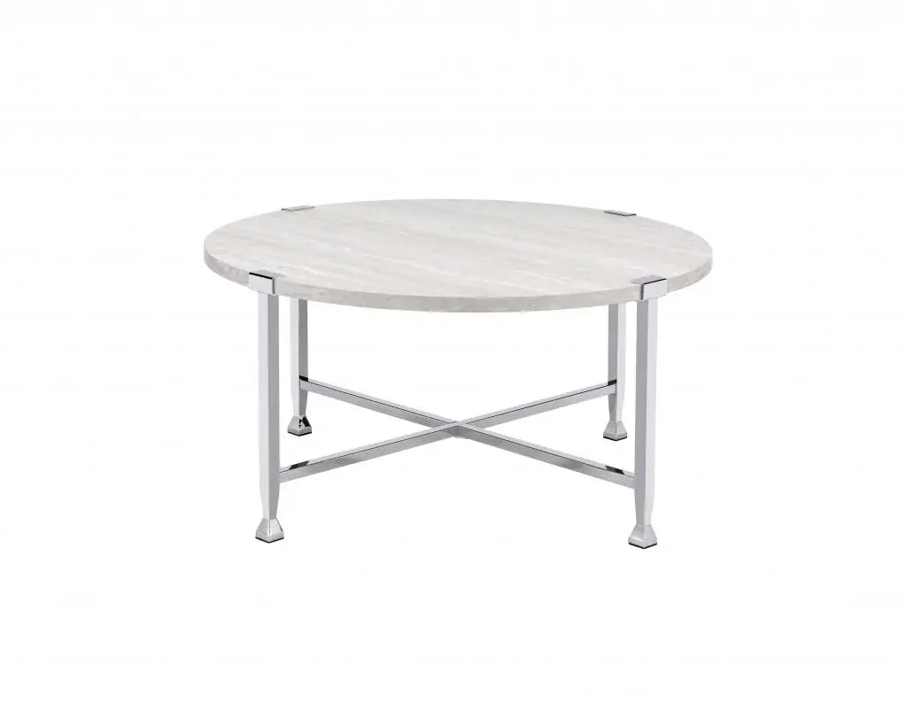 36" Chrome And White Oak Round Coffee Table - Homeroots - Flyclothing LLC