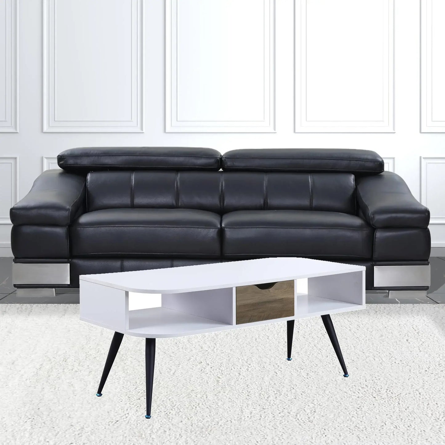 44" Black And White Melamine Veneer And Metal Rectangular Coffee Table With Drawer And Shelf - Homeroots - Flyclothing LLC