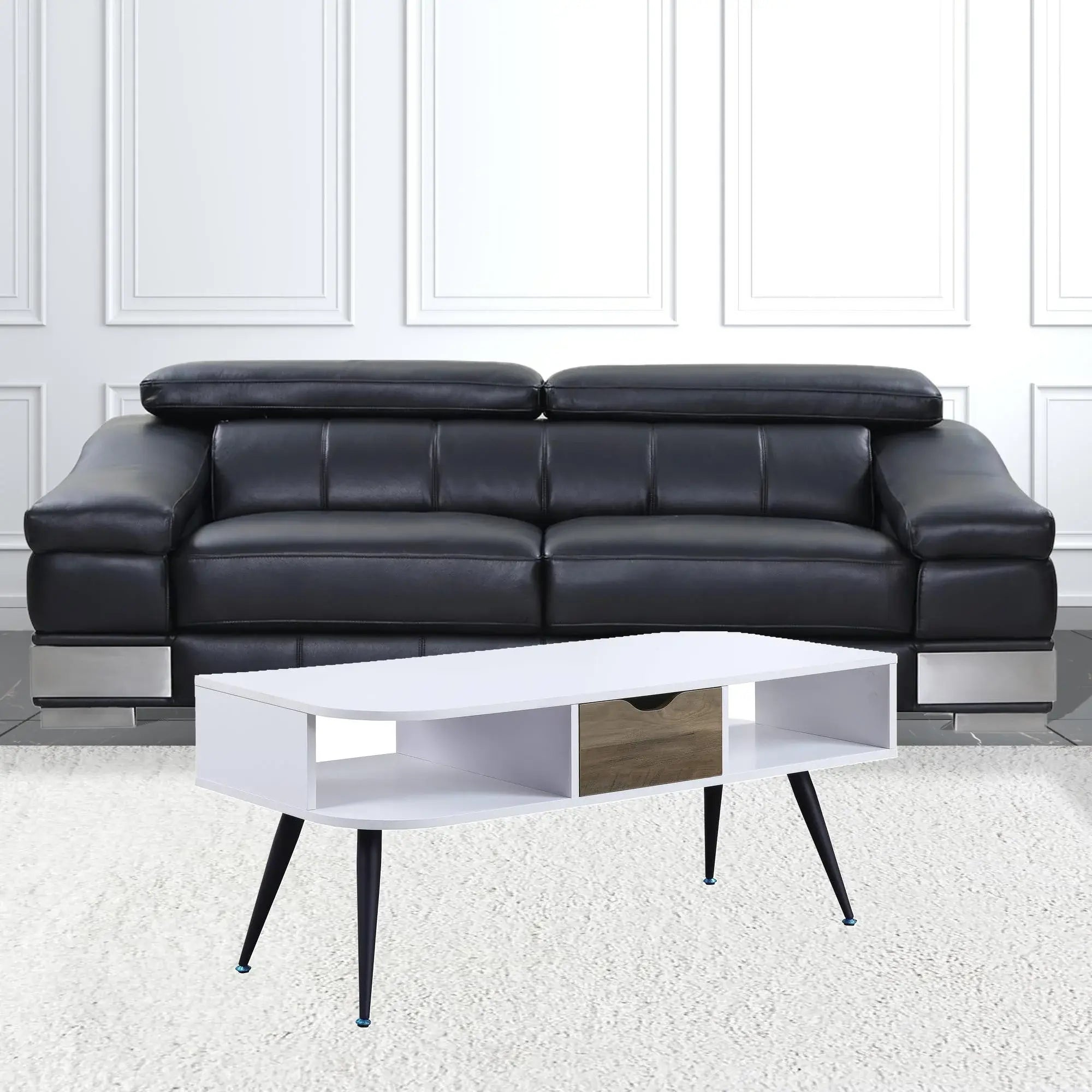 44" Black And White Melamine Veneer And Metal Rectangular Coffee Table With Drawer And Shelf - Homeroots - Flyclothing LLC