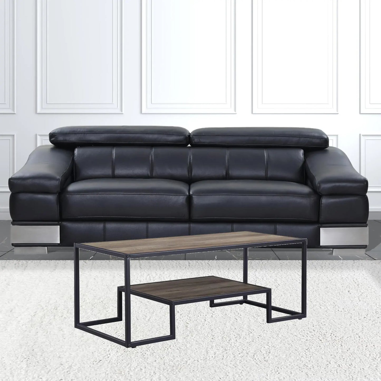 45" Black And Rustic Oak Paper Veneer And Metal Rectangular Coffee Table With Shelf - Homeroots - Flyclothing LLC