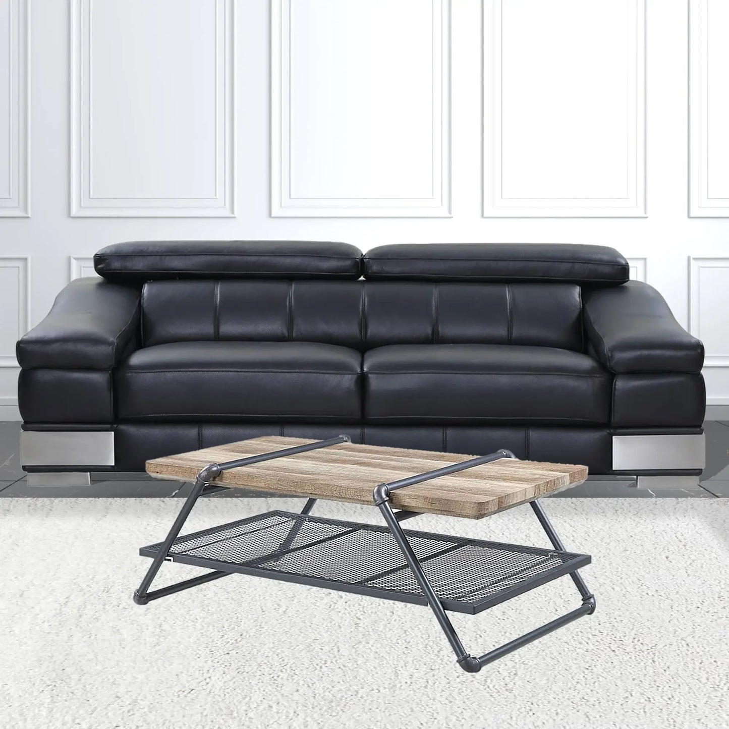 47" Sandy Gray And Oak Paper Veneer And Metal Rectangular Coffee Table With Shelf - Homeroots - Flyclothing LLC