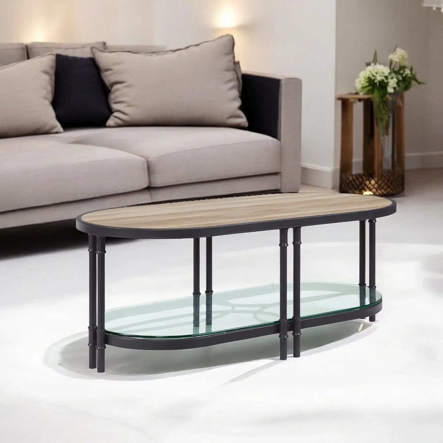 47" Natural Metal Oval Coffee Table With Shelf - Homeroots - Flyclothing LLC