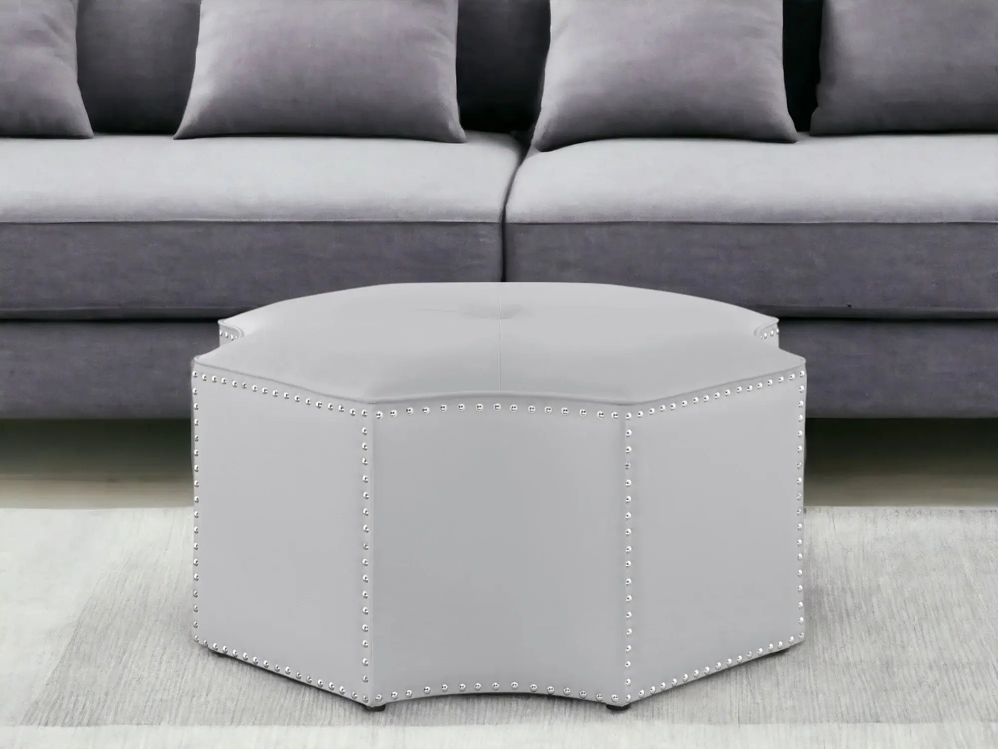 33" Silver Faux Leather Tufted Octagonal Cocktail Ottoman - Homeroots - Flyclothing LLC