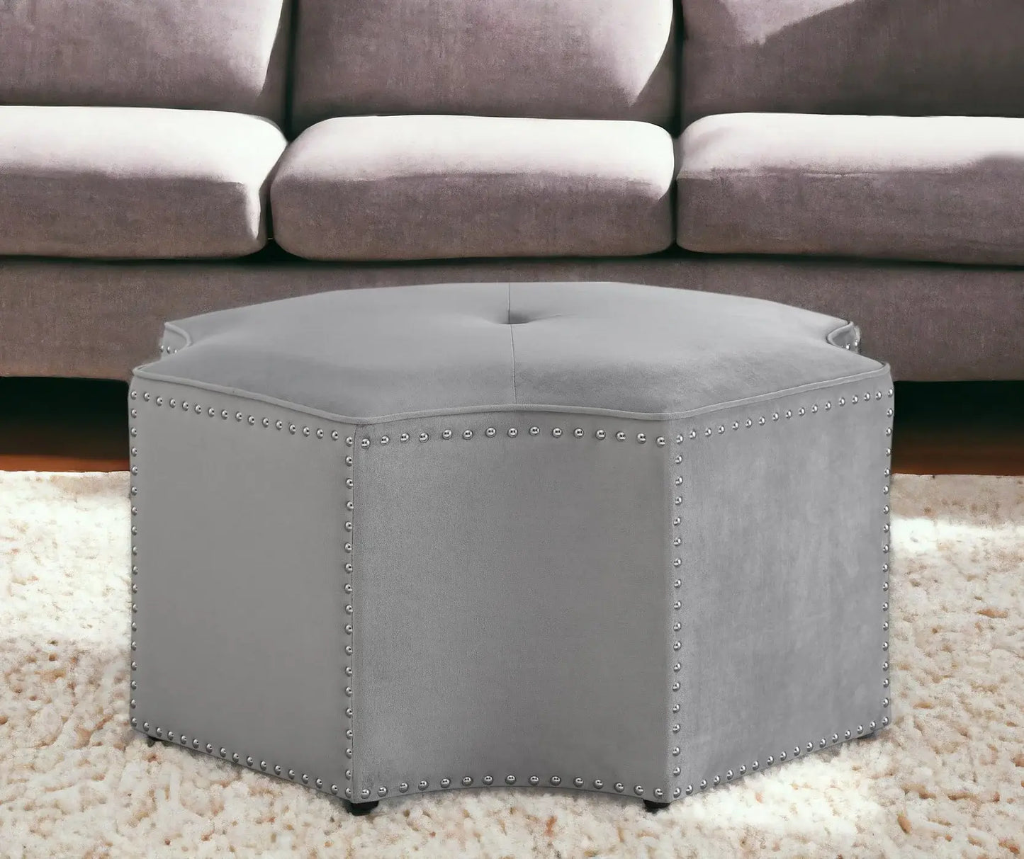 33" Gray Velvet Tufted Octagonal Cocktail Ottoman - Homeroots - Flyclothing LLC